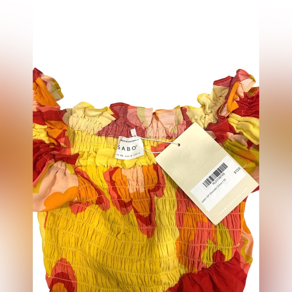 NWT SABO Jaden Off Shoulder Yellow Floral Smocked Mini Dress XS Vacation Resort - Picture 10 of 15